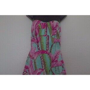 TIBI Strapless Cotton/Spandex Lining Dress Size 4 Pink Green Aqua Tropical Tree